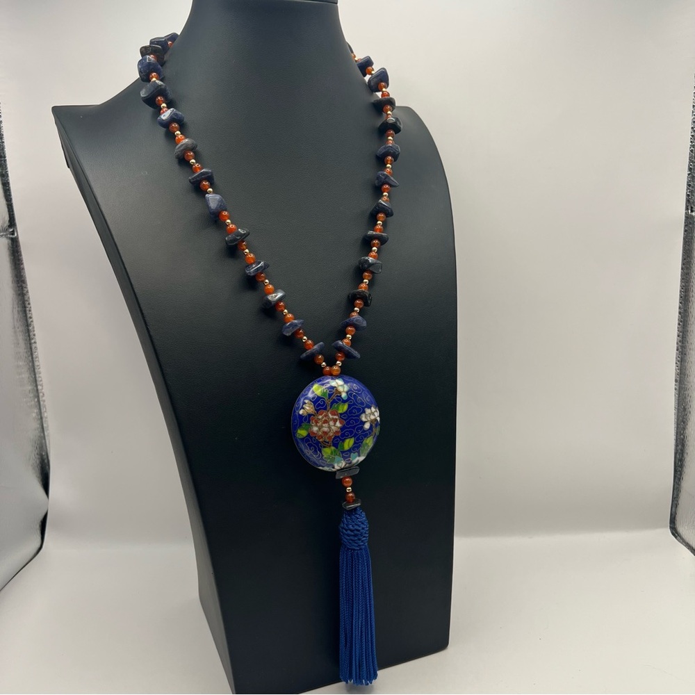 Vintage Judith Leiber Cloisonné Tassel Sodalite & Carnelian Stone Necklace